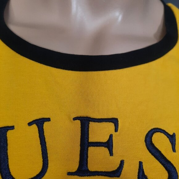 Y2K GUESS T Shirt Yellow Embroidered Ringer Womens L Short Sleeve - Picture 3 of 8